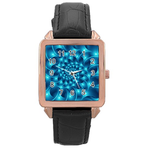 Glossy Light Blue Spiral Fractal Rose Gold Leather Watch  from ArtsNow.com Front