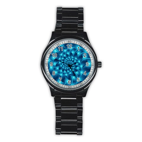 Glossy Light Blue Spiral Fractal Stainless Steel Round Watch from ArtsNow.com Front