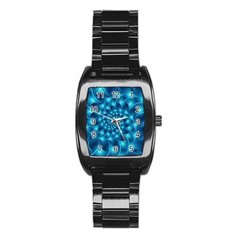 Glossy Light Blue Spiral Fractal Stainless Steel Barrel Watch from ArtsNow.com Front