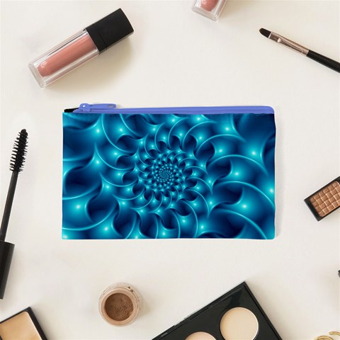 Glossy Light Blue Spiral Fractal Cosmetic Bag (XS) from ArtsNow.com Front