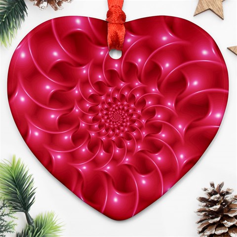 Glossy Rose Pink Spiral Fractal  Ornament (Heart) from ArtsNow.com Front