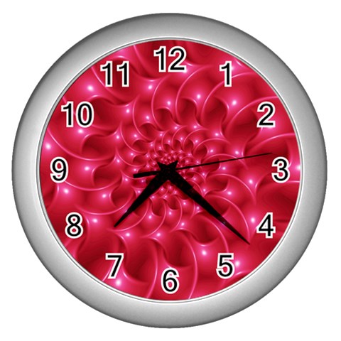 Glossy Rose Pink Spiral Fractal  Wall Clock (Silver) from ArtsNow.com Front