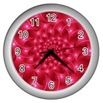 Glossy Rose Pink Spiral Fractal  Wall Clock (Silver)