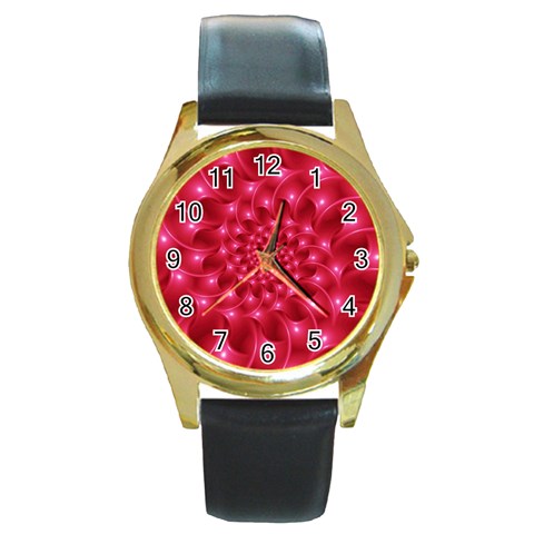 Glossy Rose Pink Spiral Fractal  Round Gold Metal Watch from ArtsNow.com Front