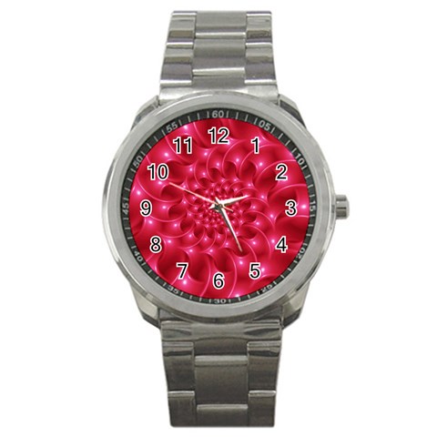 Glossy Rose Pink Spiral Fractal  Sport Metal Watch from ArtsNow.com Front