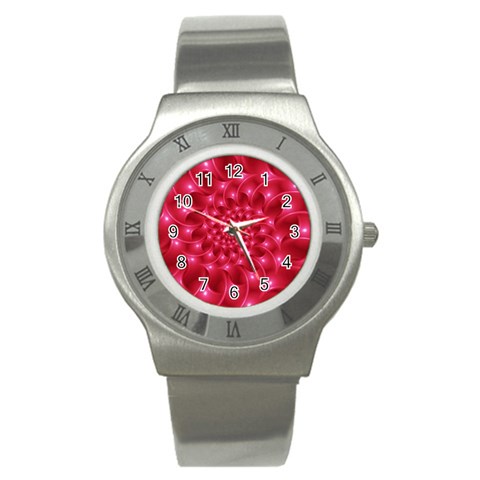 Glossy Rose Pink Spiral Fractal  Stainless Steel Watch from ArtsNow.com Front