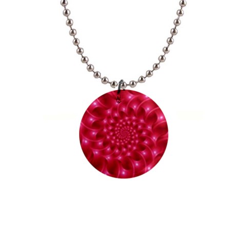 Glossy Rose Pink Spiral Fractal  1  Button Necklace from ArtsNow.com Front