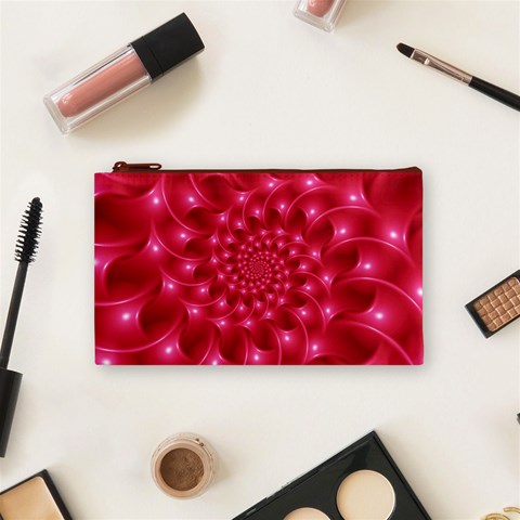 Glossy Rose Pink Spiral Fractal  Cosmetic Bag (Small) from ArtsNow.com Front