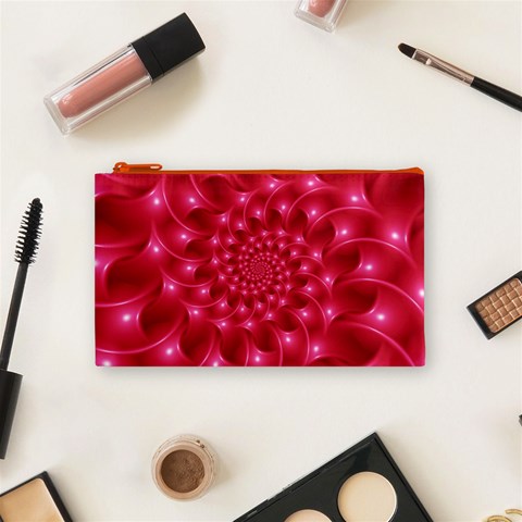 Glossy Rose Pink Spiral Fractal  Cosmetic Bag (Small) from ArtsNow.com Front