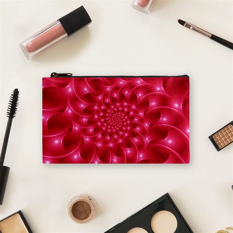 Glossy Rose Pink Spiral Fractal  Cosmetic Bag (Small) from ArtsNow.com Front