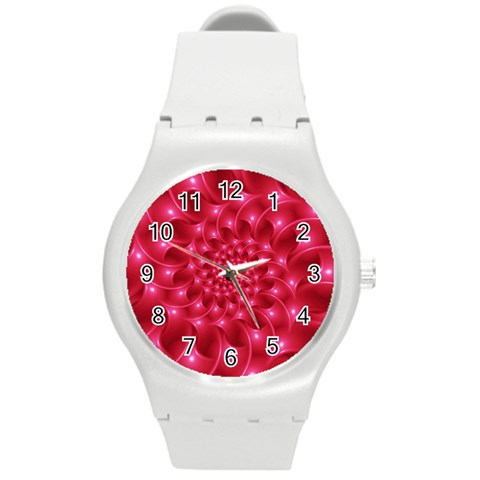 Glossy Rose Pink Spiral Fractal  Round Plastic Sport Watch (M) from ArtsNow.com Front