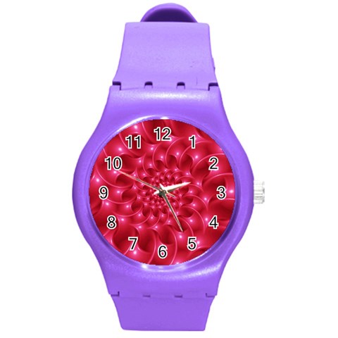 Glossy Rose Pink Spiral Fractal  Round Plastic Sport Watch (M) from ArtsNow.com Front