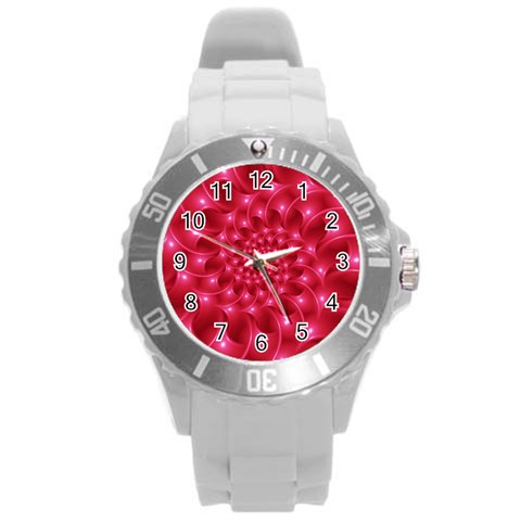 Glossy Rose Pink Spiral Fractal  Round Plastic Sport Watch (L) from ArtsNow.com Front