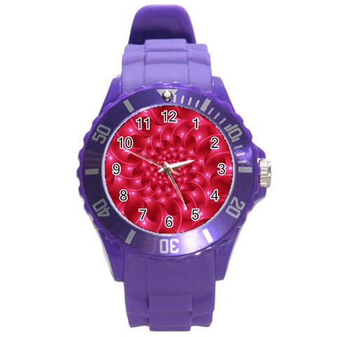 Glossy Rose Pink Spiral Fractal  Round Plastic Sport Watch (L) from ArtsNow.com Front