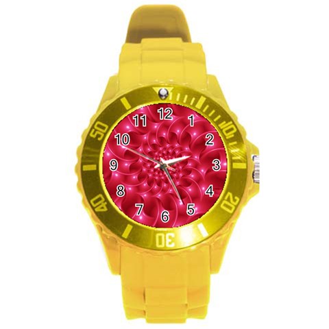 Glossy Rose Pink Spiral Fractal  Round Plastic Sport Watch (L) from ArtsNow.com Front