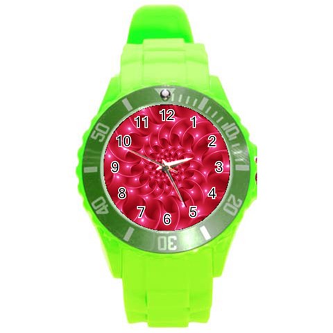 Glossy Rose Pink Spiral Fractal  Round Plastic Sport Watch (L) from ArtsNow.com Front