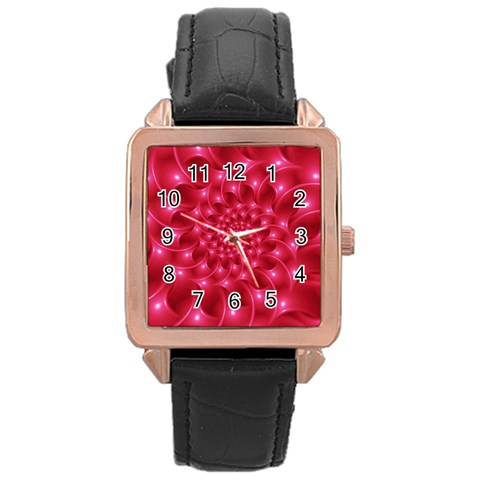 Glossy Rose Pink Spiral Fractal  Rose Gold Leather Watch  from ArtsNow.com Front