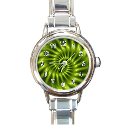 Glossy Lime Green Spiral Fractal  Round Italian Charm Watch from ArtsNow.com Front