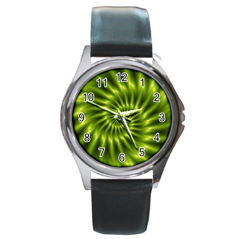 Glossy Lime Green Spiral Fractal  Round Metal Watch from ArtsNow.com Front