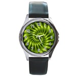 Glossy Lime Green Spiral Fractal  Round Metal Watch