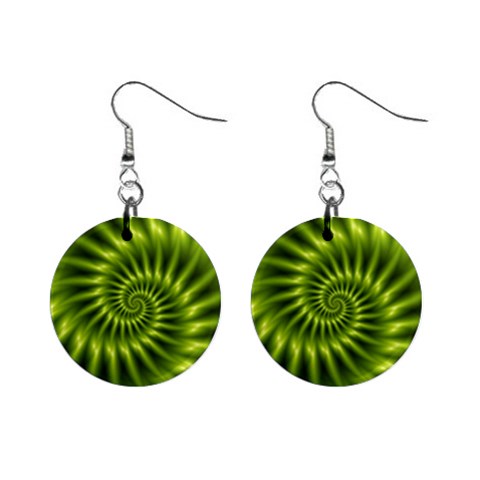 Glossy Lime Green Spiral Fractal  1  Button Earrings from ArtsNow.com Front