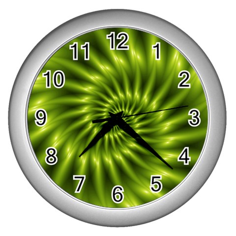 Glossy Lime Green Spiral Fractal  Wall Clock (Silver) from ArtsNow.com Front