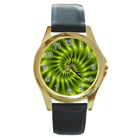 Glossy Lime Green Spiral Fractal  Round Gold Metal Watch from ArtsNow.com Front