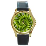 Glossy Lime Green Spiral Fractal  Round Gold Metal Watch