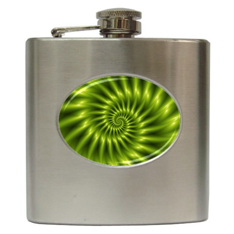 Glossy Lime Green Spiral Fractal  Hip Flask (6 oz) from ArtsNow.com Front