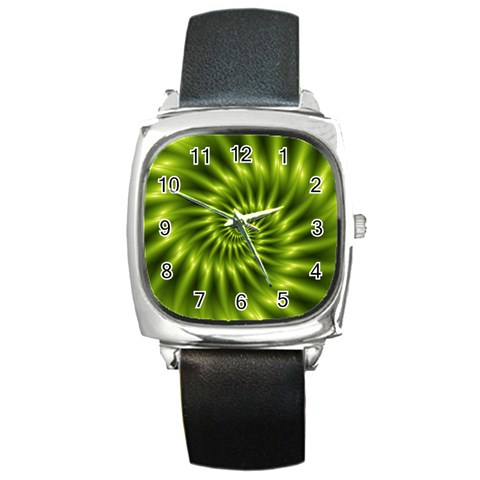 Glossy Lime Green Spiral Fractal  Square Metal Watch from ArtsNow.com Front