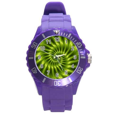 Glossy Lime Green Spiral Fractal  Round Plastic Sport Watch (L) from ArtsNow.com Front