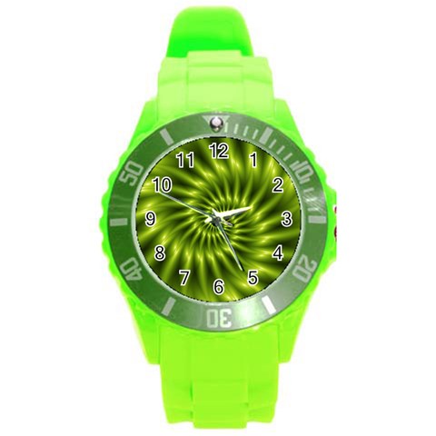 Glossy Lime Green Spiral Fractal  Round Plastic Sport Watch (L) from ArtsNow.com Front