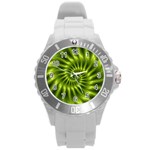 Glossy Lime Green Spiral Fractal  Round Plastic Sport Watch (L)