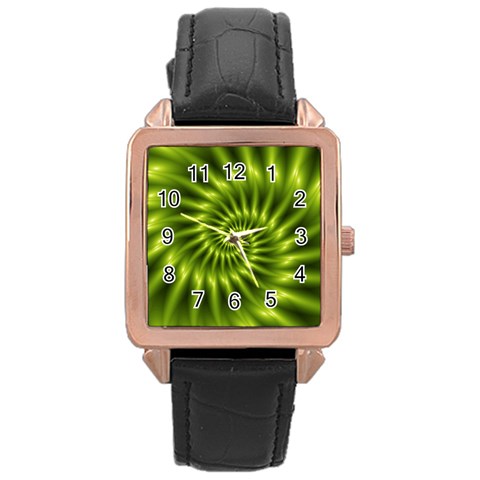 Glossy Lime Green Spiral Fractal  Rose Gold Leather Watch  from ArtsNow.com Front