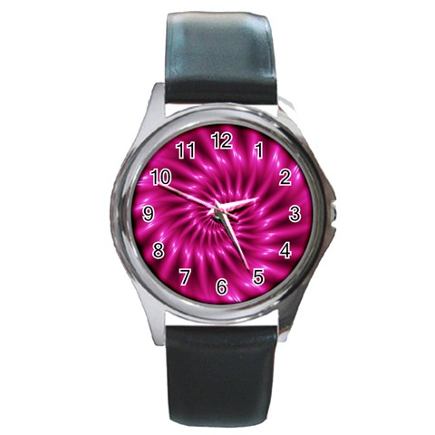 Glossy Hot Pink Fractal Spiral Round Metal Watch from ArtsNow.com Front