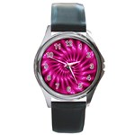 Glossy Hot Pink Fractal Spiral Round Metal Watch