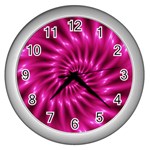 Glossy Hot Pink Fractal Spiral Wall Clock (Silver)