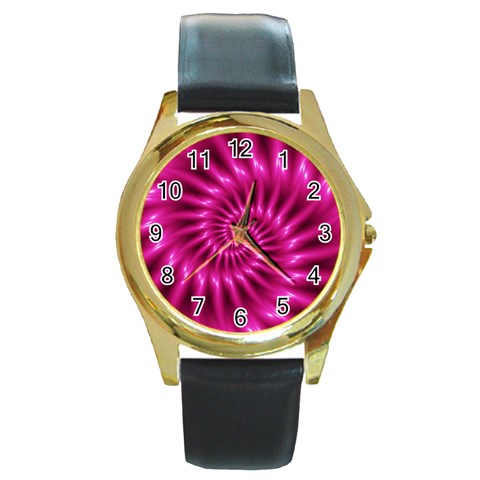 Glossy Hot Pink Fractal Spiral Round Gold Metal Watch from ArtsNow.com Front