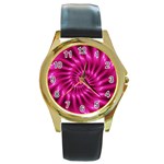 Glossy Hot Pink Fractal Spiral Round Gold Metal Watch