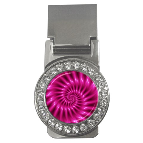 Glossy Hot Pink Fractal Spiral Money Clip (CZ) from ArtsNow.com Front