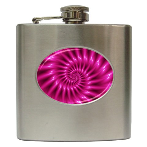 Glossy Hot Pink Fractal Spiral Hip Flask (6 oz) from ArtsNow.com Front