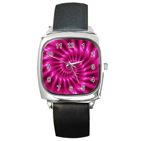 Glossy Hot Pink Fractal Spiral Square Metal Watch from ArtsNow.com Front