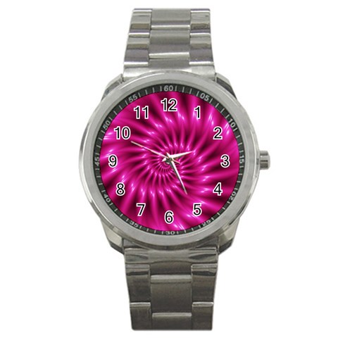 Glossy Hot Pink Fractal Spiral Sport Metal Watch from ArtsNow.com Front