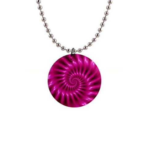 Glossy Hot Pink Fractal Spiral 1  Button Necklace from ArtsNow.com Front