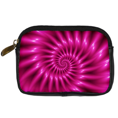 Glossy Hot Pink Fractal Spiral Digital Camera Leather Case from ArtsNow.com Front