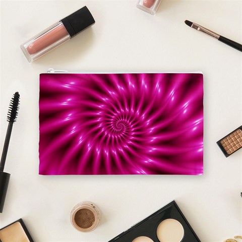 Glossy Hot Pink Fractal Spiral Cosmetic Bag (Medium) from ArtsNow.com Front