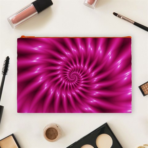 Glossy Hot Pink Fractal Spiral Cosmetic Bag (Large) from ArtsNow.com Front