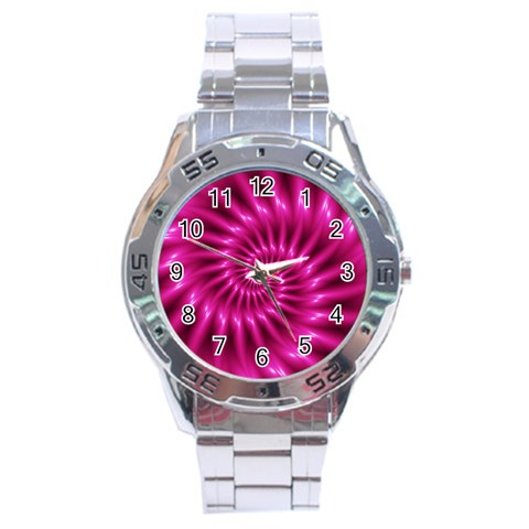 Glossy Hot Pink Fractal Spiral Stainless Steel Analogue Watch from ArtsNow.com Front