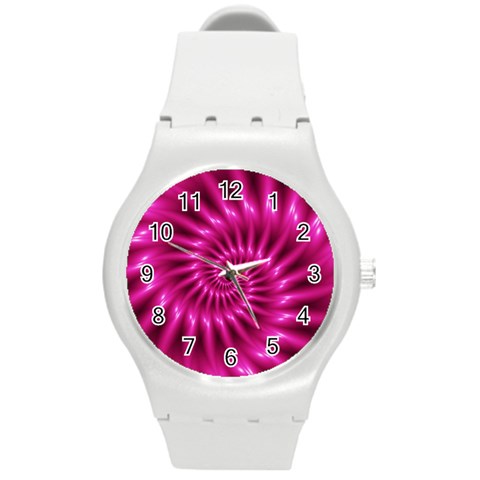 Glossy Hot Pink Fractal Spiral Round Plastic Sport Watch (M) from ArtsNow.com Front