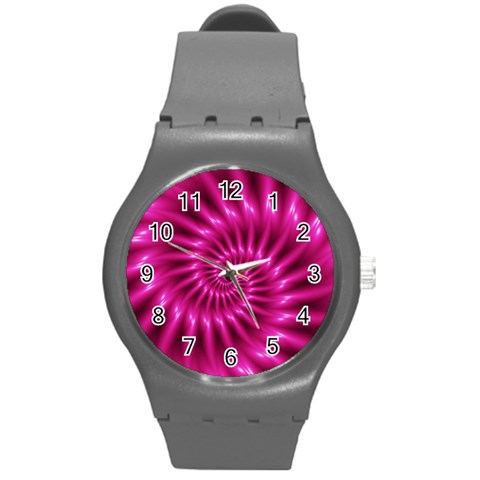 Glossy Hot Pink Fractal Spiral Round Plastic Sport Watch (M) from ArtsNow.com Front